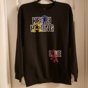 Keith Haring Mens Sweatshirt Large Black White Graphic Love Heart Top Shirt NWOT